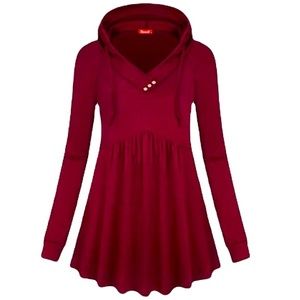 BlevonH sz XL burgundy BOHO long sleeve v-neck pullover ruched hoodie w buttons